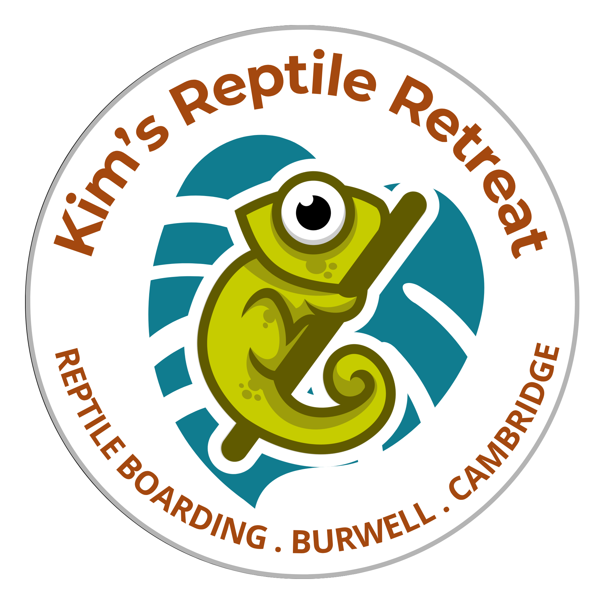 A green chameleon resting on a brown stick in front of a teal coloured monstera leaf. writing says Kim's Reptile Retreat Reptile Boarding, Burwell, Cambridge in brown colour